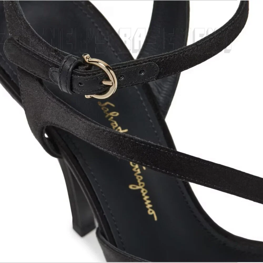 SALVATORE FERRAGAMO Black leather & satin 7.5 OLGA Slingback Heel Sandals NIB - Picture 7 of 8